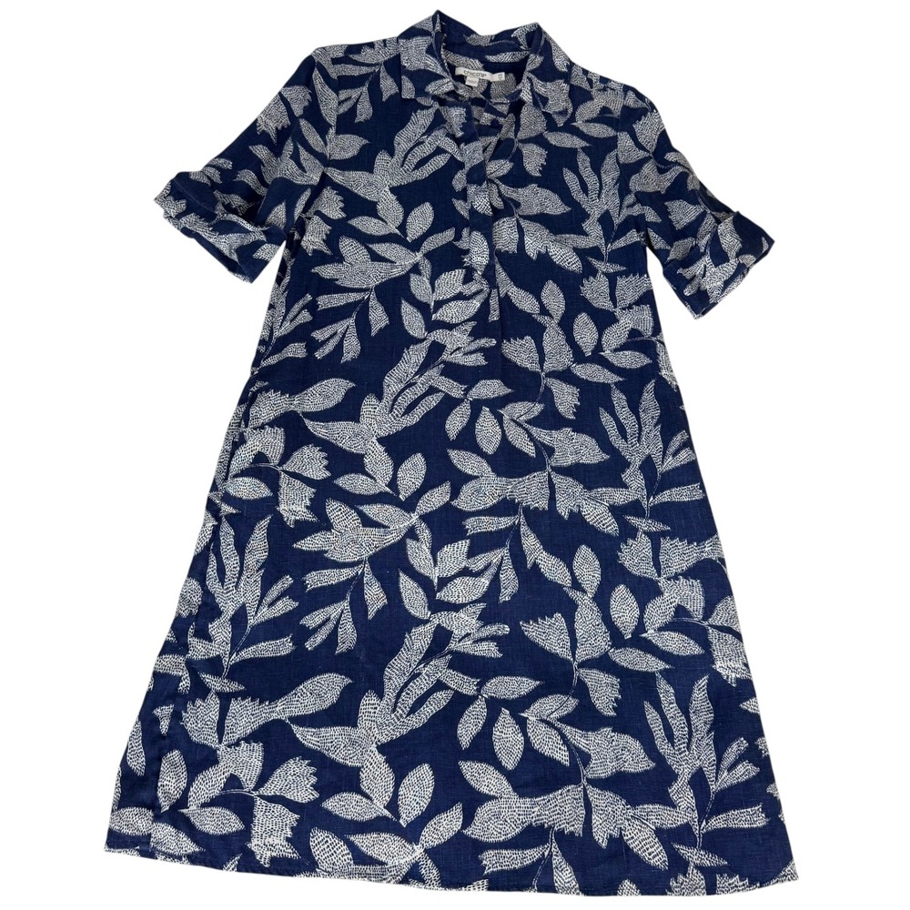 Chicos Navy Blue White Linen Botanical Leaf Print Shirt Dress Size 00 US 2 - Picture 8 of 9